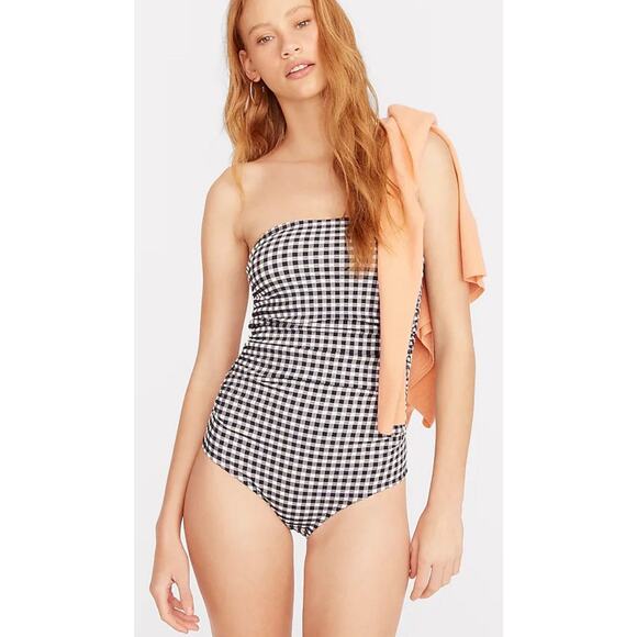 JCrew‎ Sz 10 Ruched Bandeau Gingham One-Piece Swimsuit Preppy Beach Pool Cruise - Picture 1 of 10